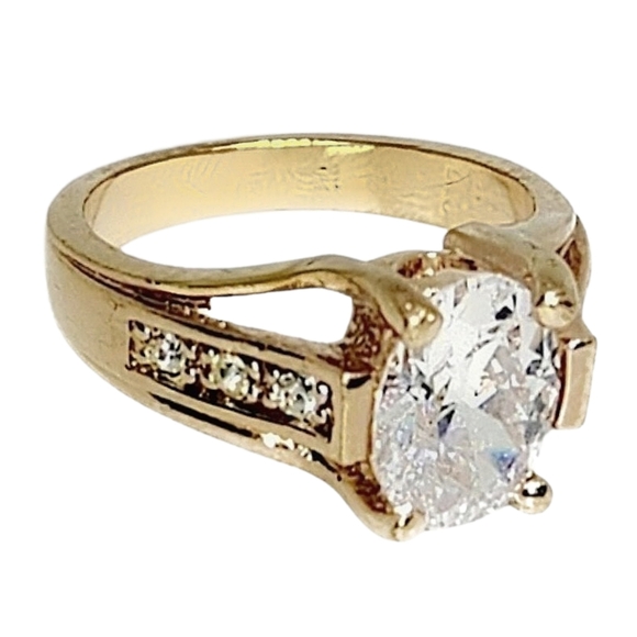 Jewelry - Gold Plated CZ Solitaire Ring with Accented Band | Size 8 | NWOT